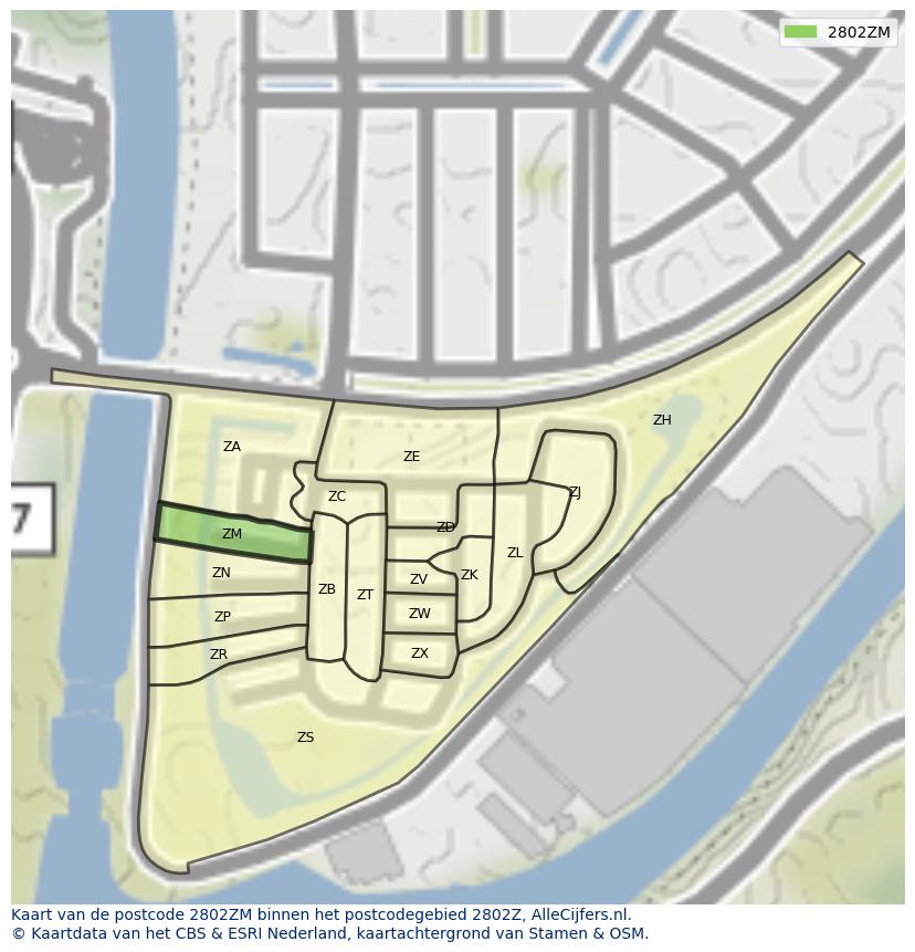 Afbeelding van het postcodegebied 2802 ZM op de kaart.