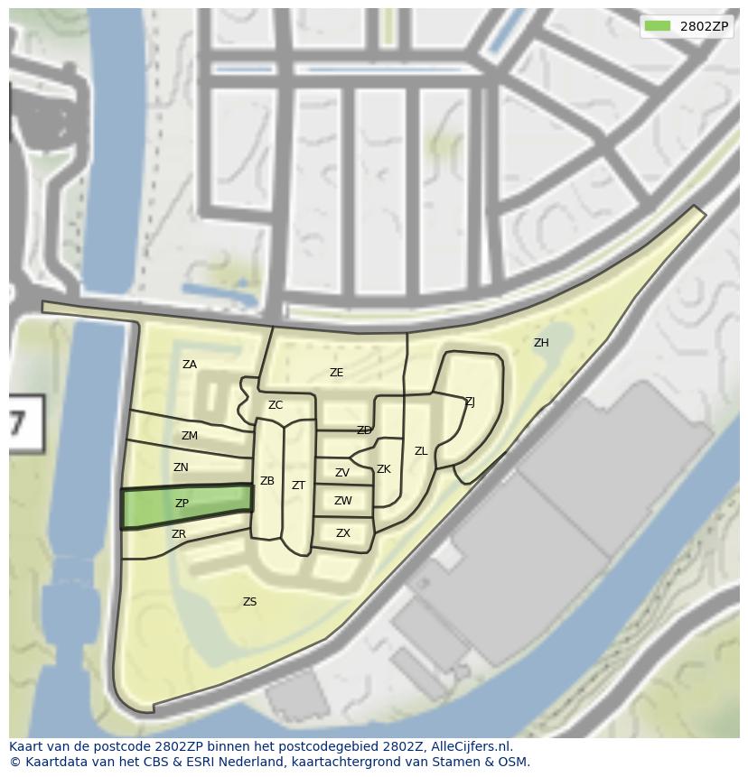 Afbeelding van het postcodegebied 2802 ZP op de kaart.