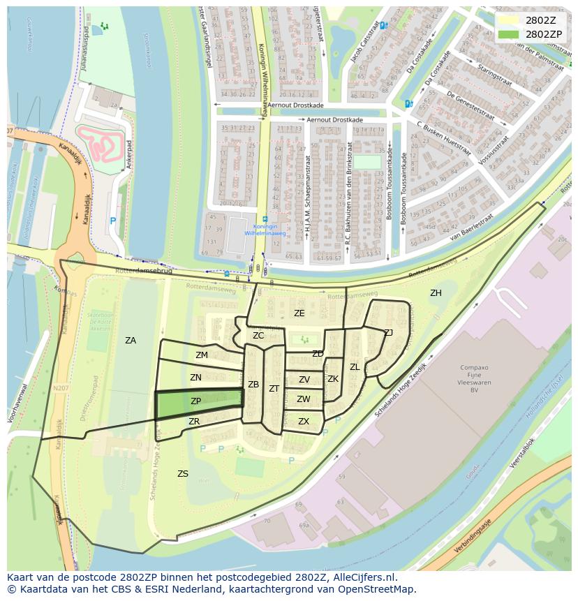 Afbeelding van het postcodegebied 2802 ZP op de kaart.