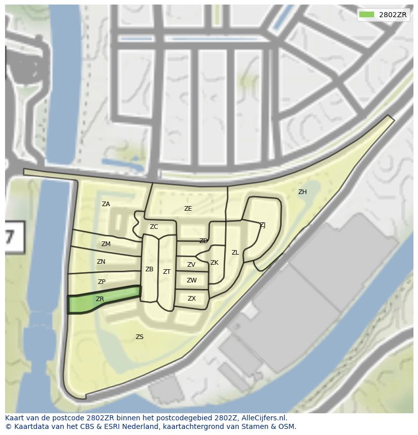 Afbeelding van het postcodegebied 2802 ZR op de kaart.