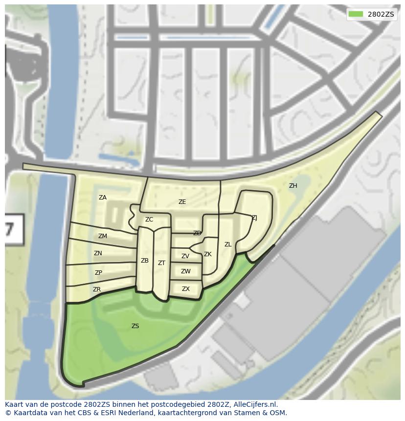 Afbeelding van het postcodegebied 2802 ZS op de kaart.