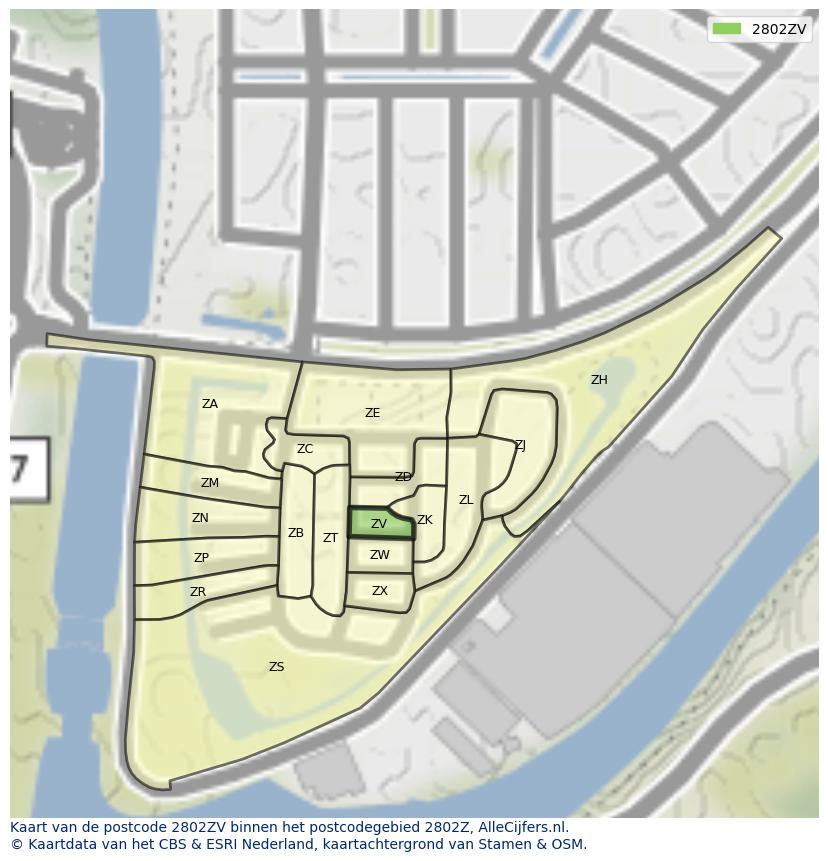 Afbeelding van het postcodegebied 2802 ZV op de kaart.