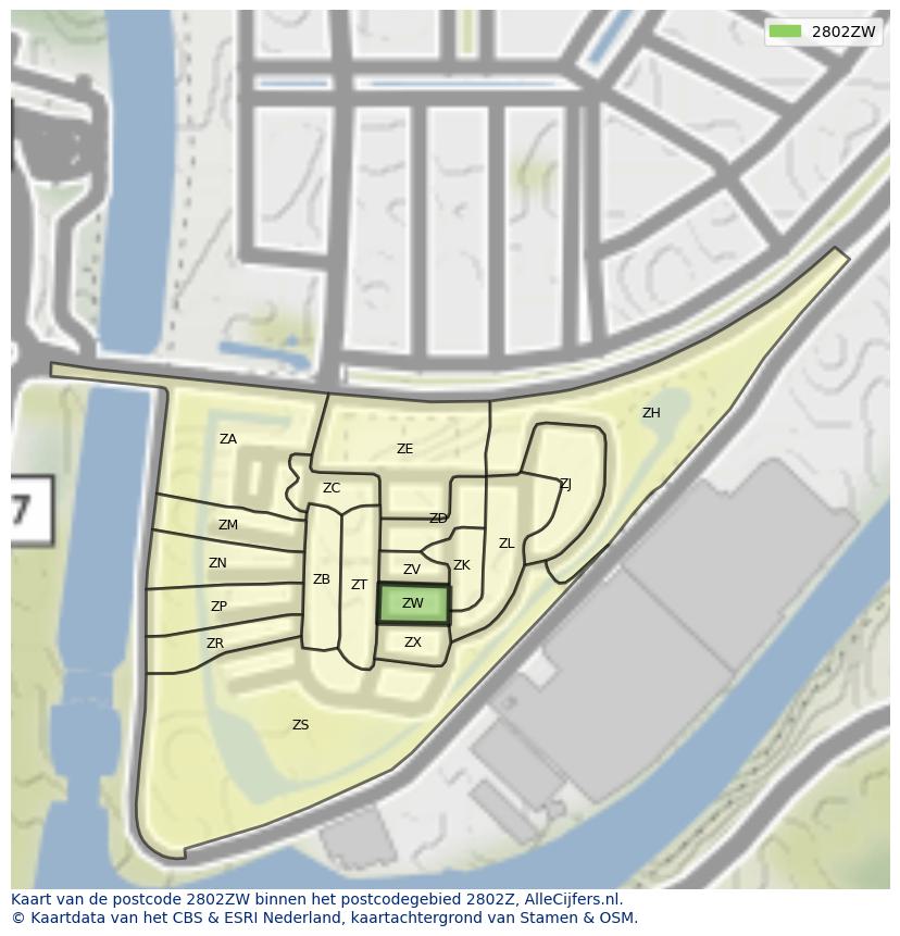 Afbeelding van het postcodegebied 2802 ZW op de kaart.