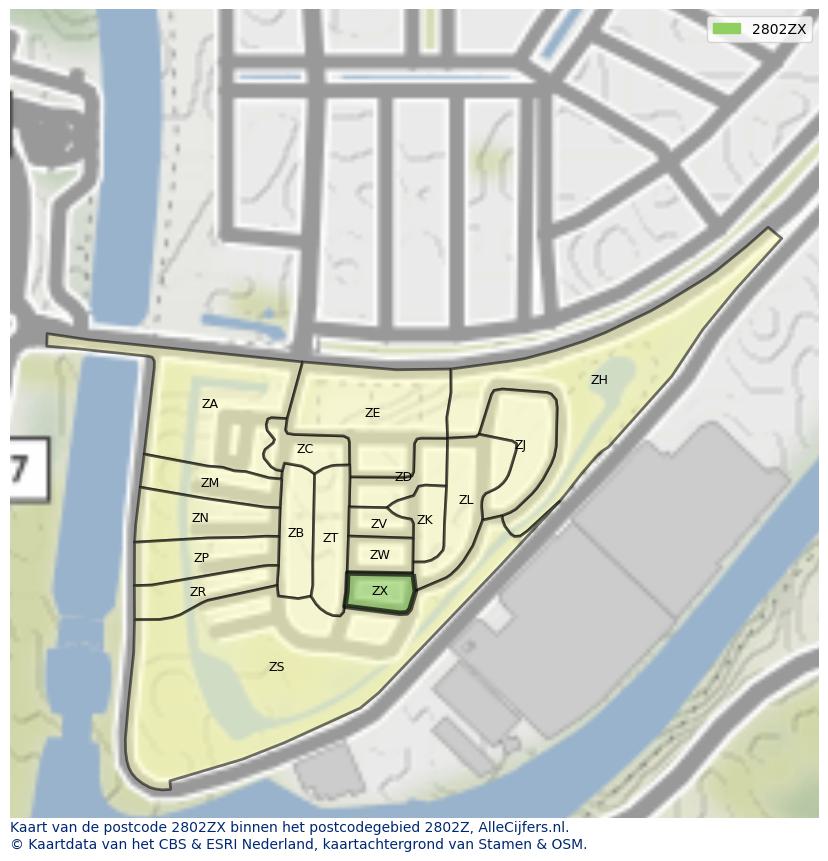 Afbeelding van het postcodegebied 2802 ZX op de kaart.