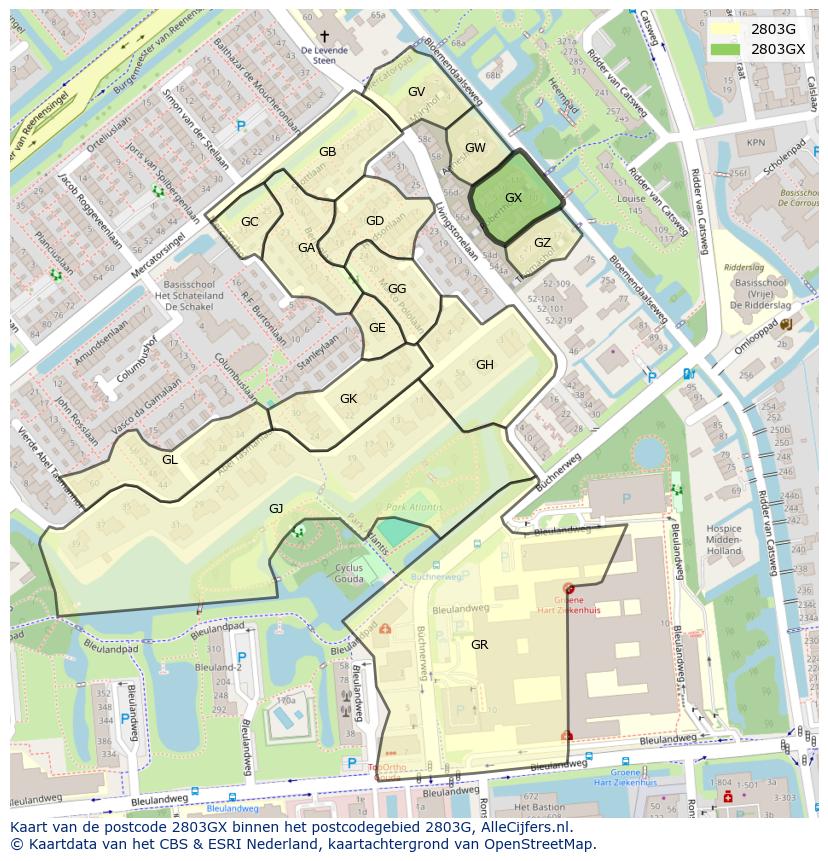 Afbeelding van het postcodegebied 2803 GX op de kaart.