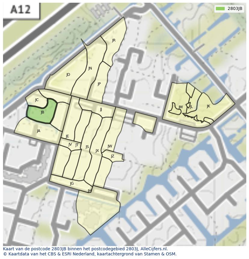 Afbeelding van het postcodegebied 2803 JB op de kaart.