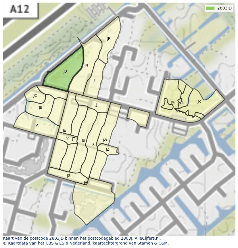 Afbeelding van het postcodegebied 2803 JD op de kaart.