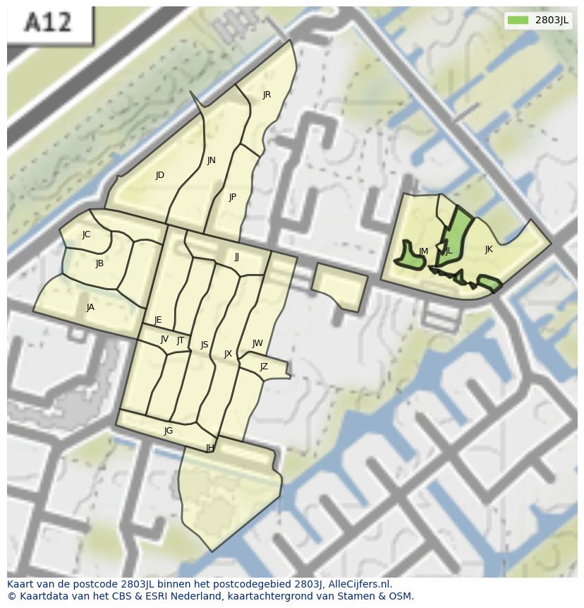 Afbeelding van het postcodegebied 2803 JL op de kaart.