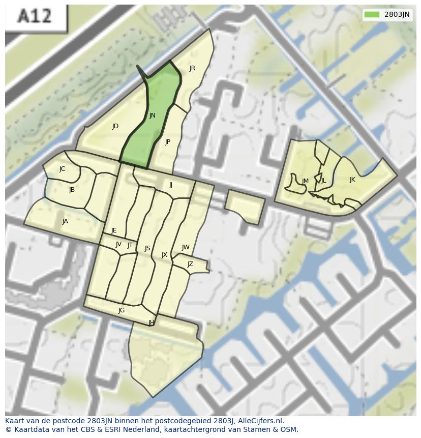 Afbeelding van het postcodegebied 2803 JN op de kaart.