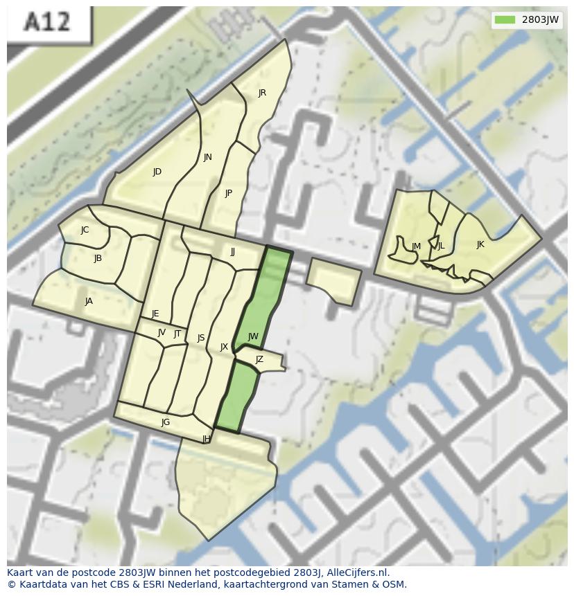 Afbeelding van het postcodegebied 2803 JW op de kaart.