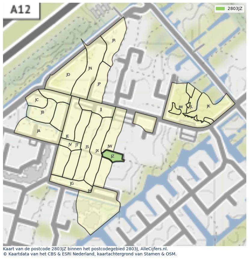 Afbeelding van het postcodegebied 2803 JZ op de kaart.