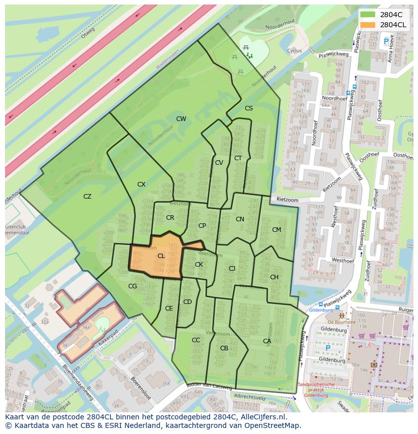 Afbeelding van het postcodegebied 2804 CL op de kaart.