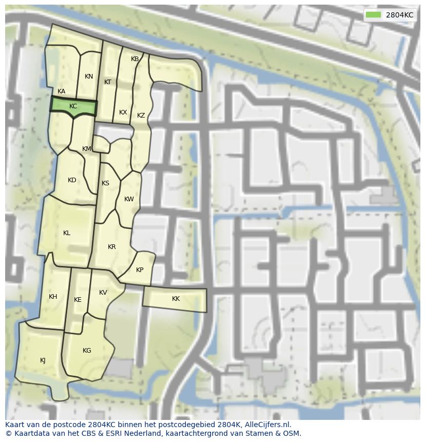 Afbeelding van het postcodegebied 2804 KC op de kaart.