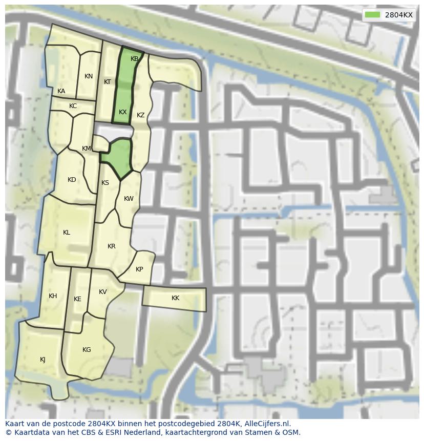Afbeelding van het postcodegebied 2804 KX op de kaart.