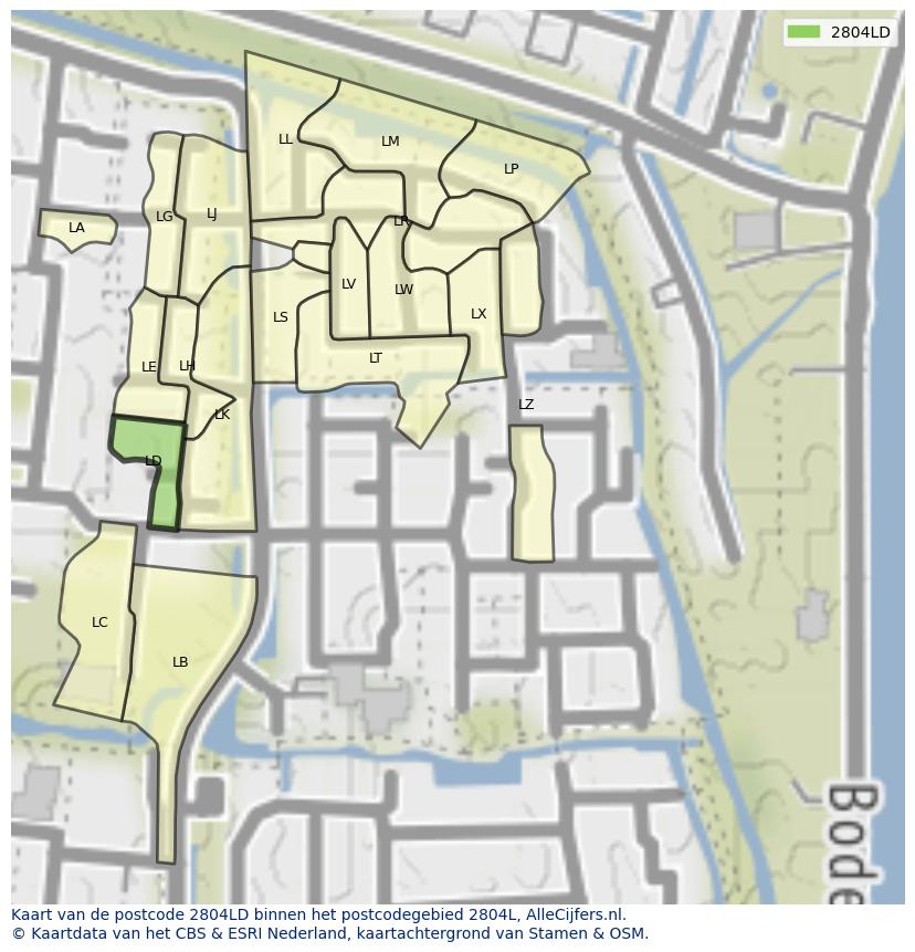 Afbeelding van het postcodegebied 2804 LD op de kaart.