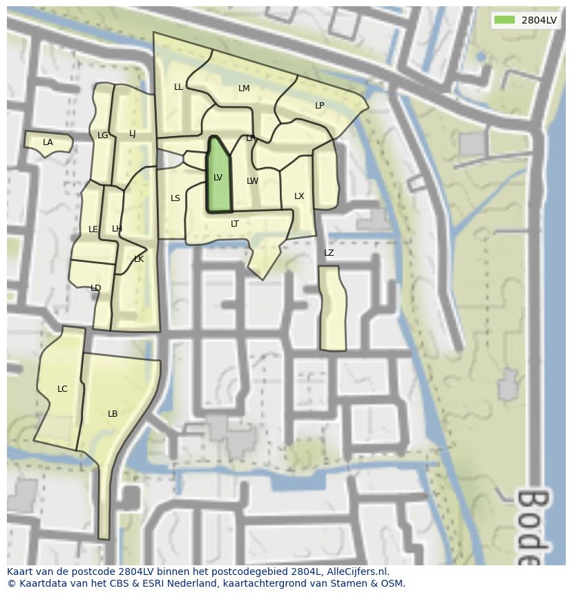Afbeelding van het postcodegebied 2804 LV op de kaart.