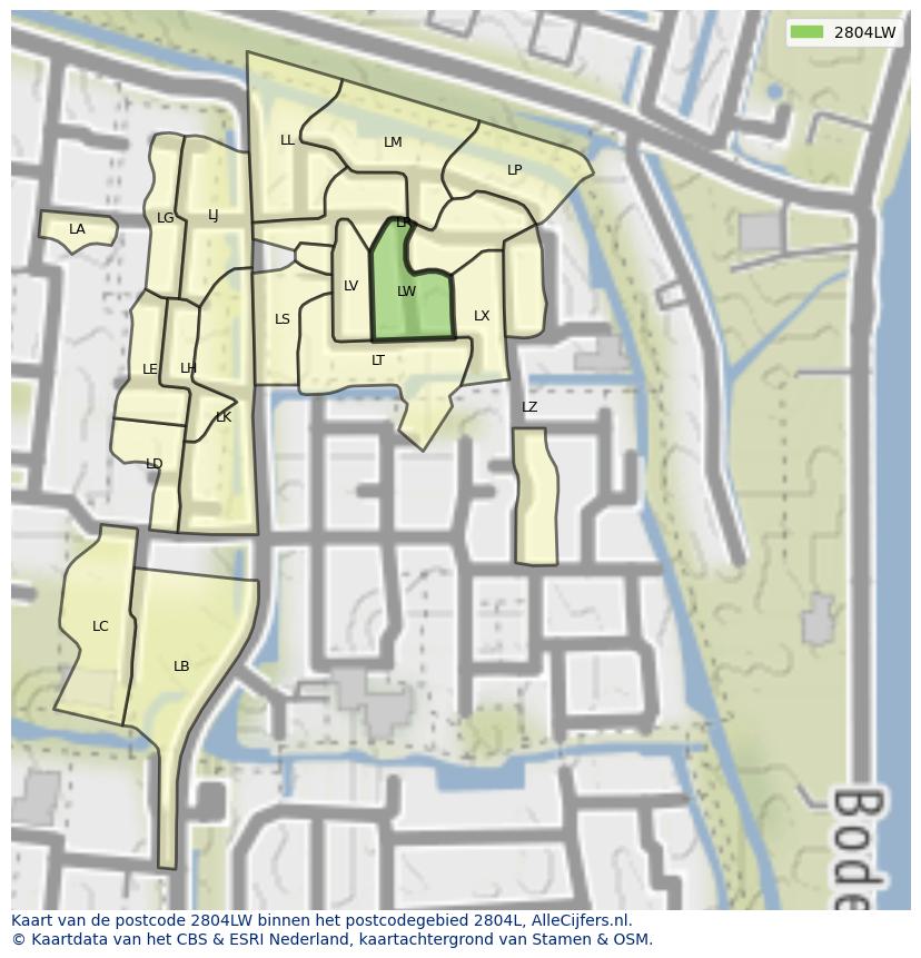 Afbeelding van het postcodegebied 2804 LW op de kaart.