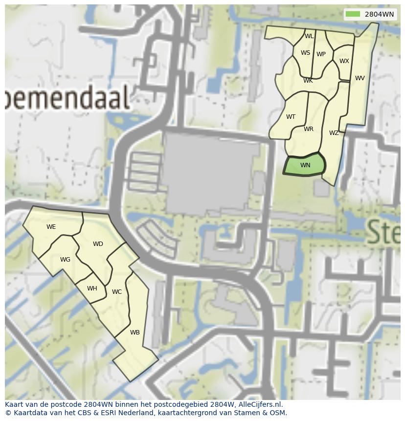 Afbeelding van het postcodegebied 2804 WN op de kaart.