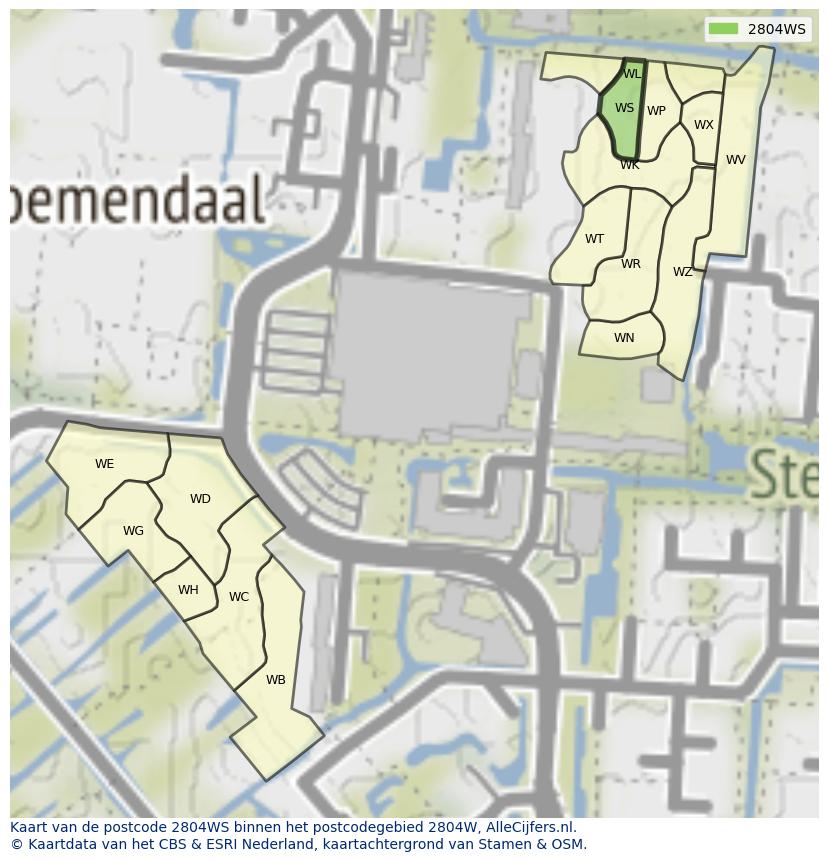 Afbeelding van het postcodegebied 2804 WS op de kaart.