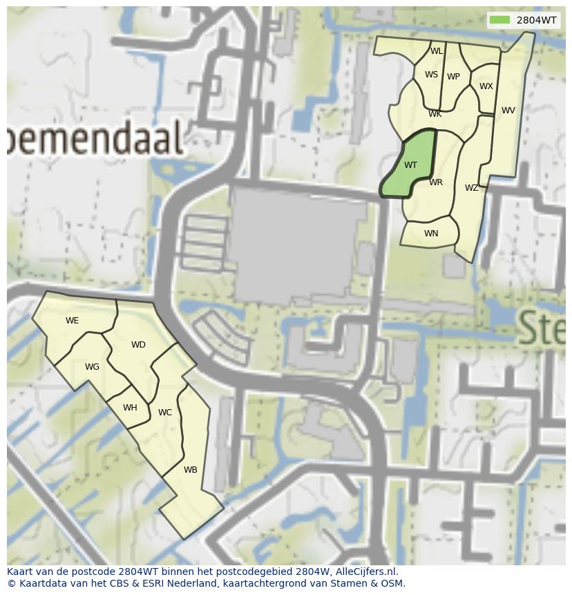 Afbeelding van het postcodegebied 2804 WT op de kaart.