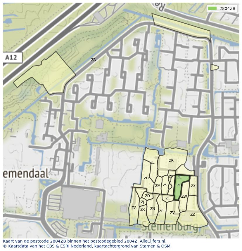 Afbeelding van het postcodegebied 2804 ZB op de kaart.