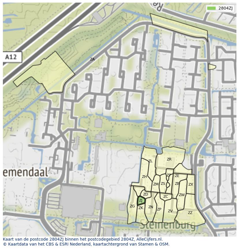 Afbeelding van het postcodegebied 2804 ZJ op de kaart.