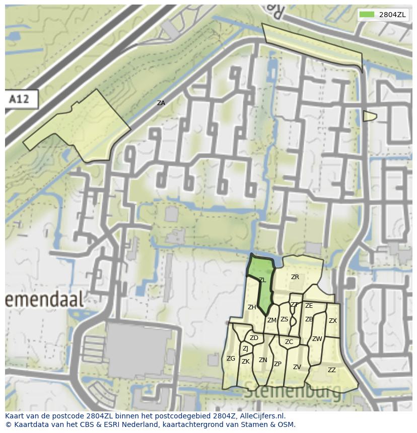 Afbeelding van het postcodegebied 2804 ZL op de kaart.
