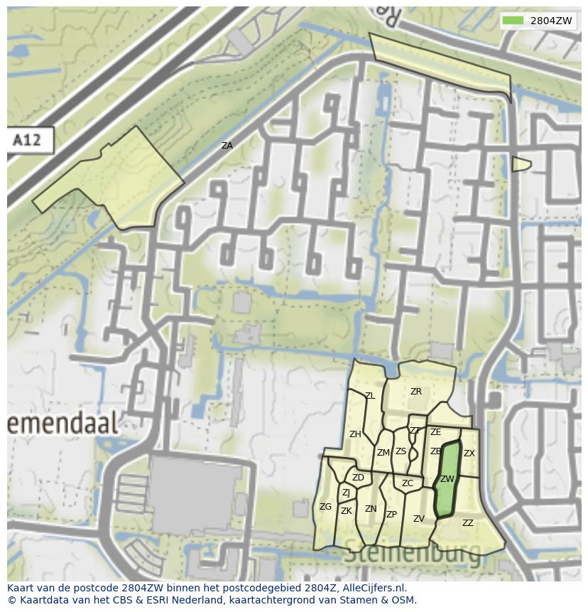 Afbeelding van het postcodegebied 2804 ZW op de kaart.