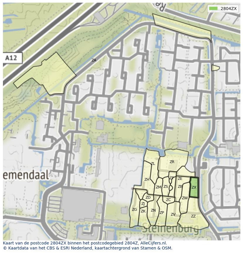 Afbeelding van het postcodegebied 2804 ZX op de kaart.