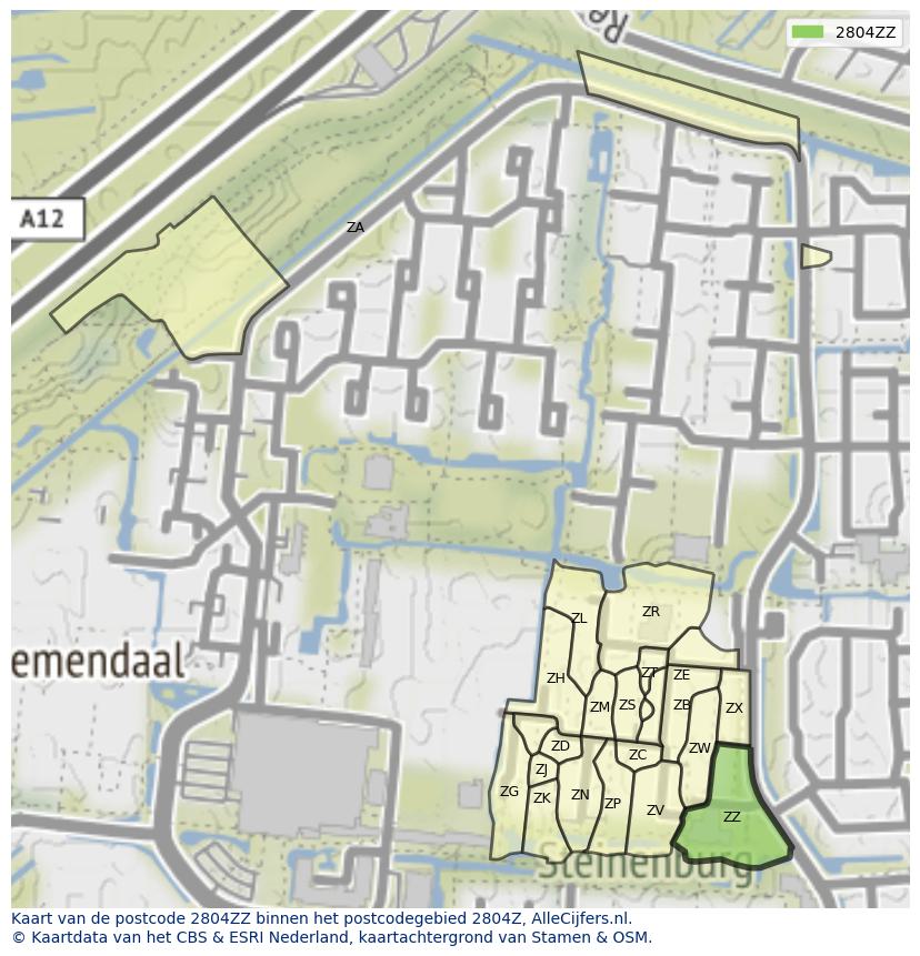 Afbeelding van het postcodegebied 2804 ZZ op de kaart.