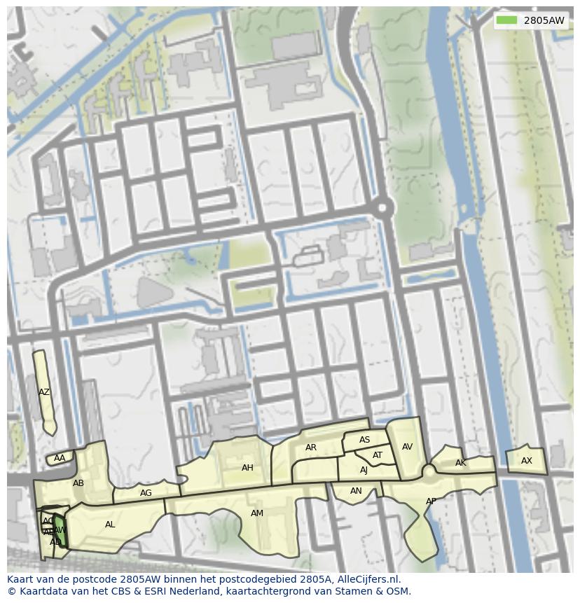 Afbeelding van het postcodegebied 2805 AW op de kaart.