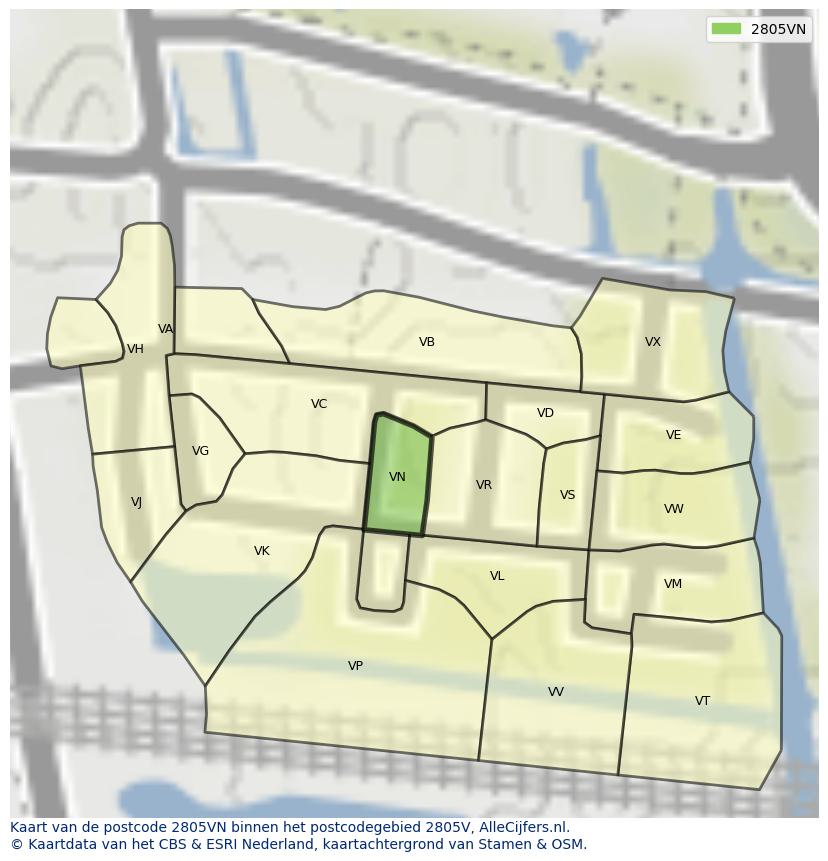 Afbeelding van het postcodegebied 2805 VN op de kaart.