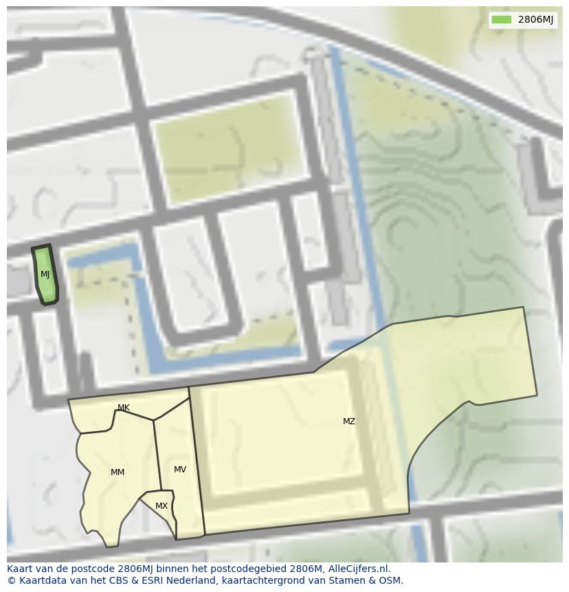 Afbeelding van het postcodegebied 2806 MJ op de kaart.