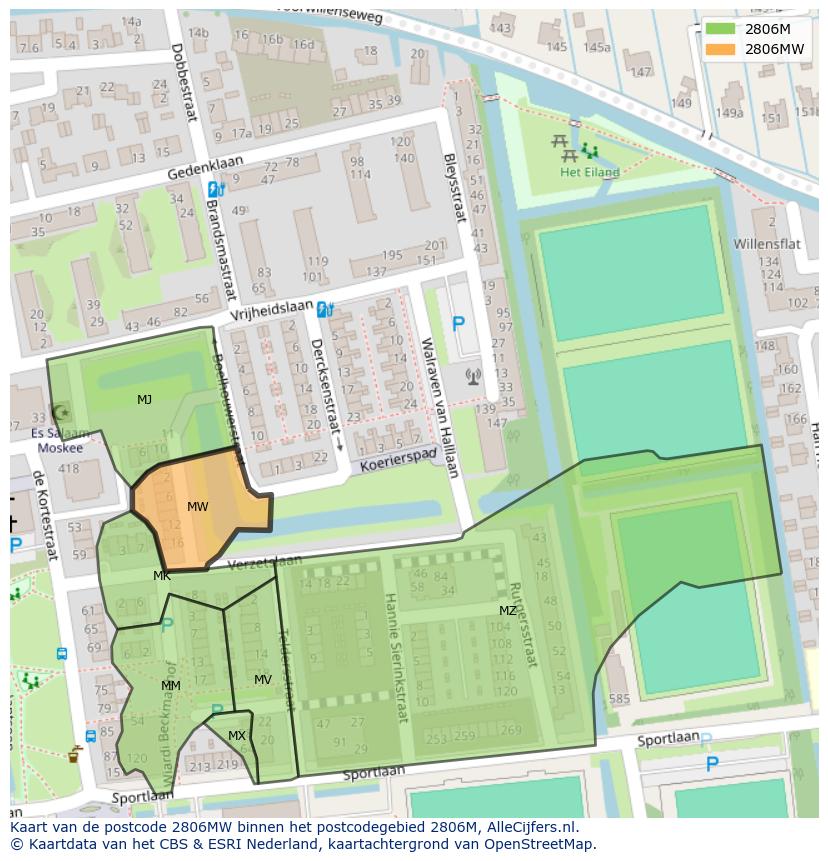 Afbeelding van het postcodegebied 2806 MW op de kaart.