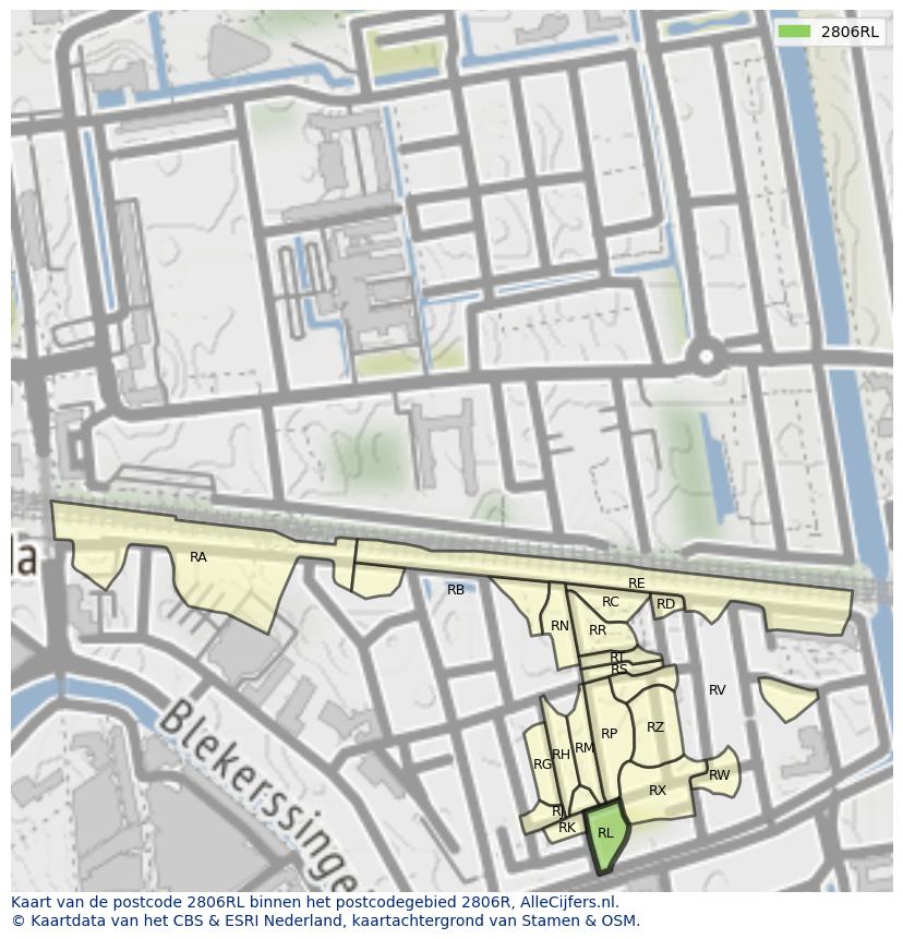 Afbeelding van het postcodegebied 2806 RL op de kaart.