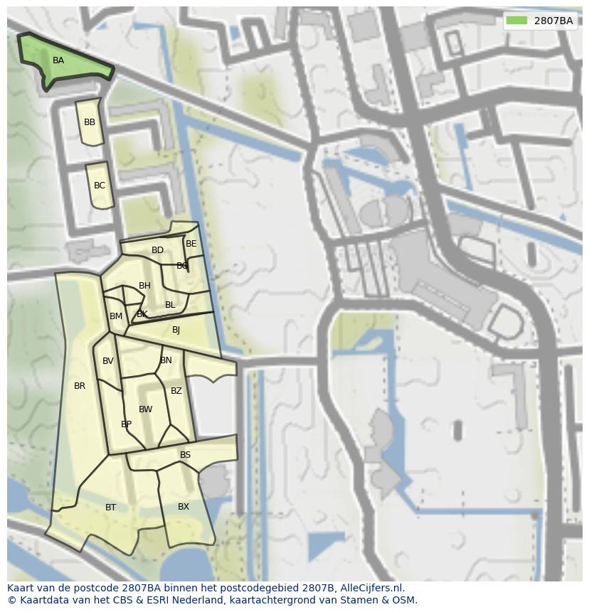 Afbeelding van het postcodegebied 2807 BA op de kaart.