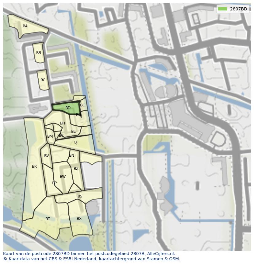 Afbeelding van het postcodegebied 2807 BD op de kaart.