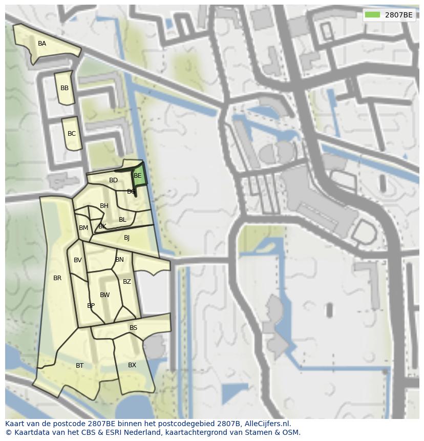 Afbeelding van het postcodegebied 2807 BE op de kaart.