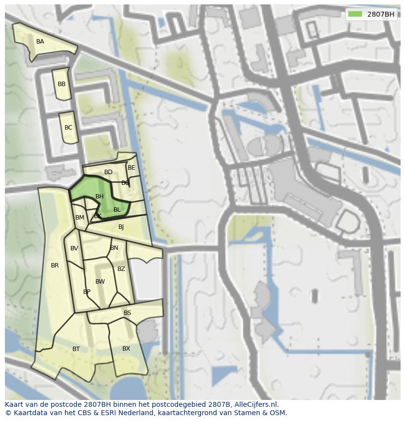 Afbeelding van het postcodegebied 2807 BH op de kaart.
