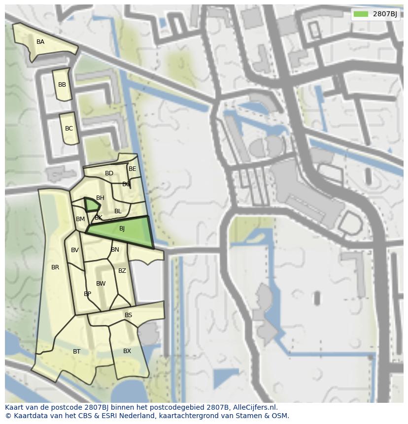 Afbeelding van het postcodegebied 2807 BJ op de kaart.