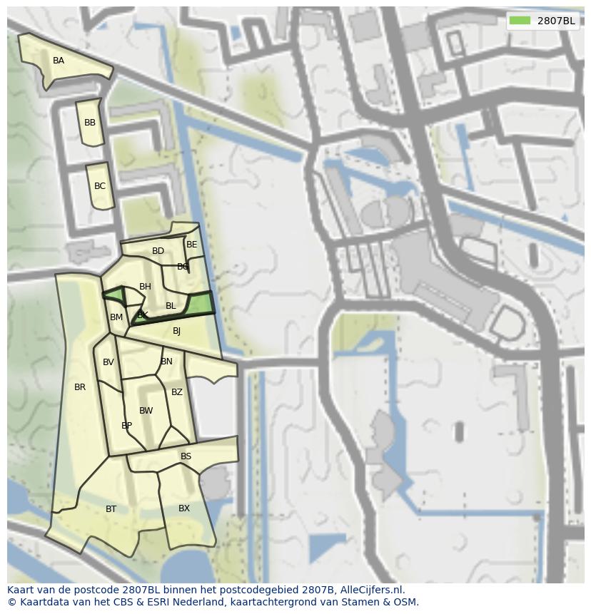 Afbeelding van het postcodegebied 2807 BL op de kaart.