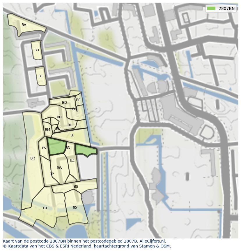 Afbeelding van het postcodegebied 2807 BN op de kaart.