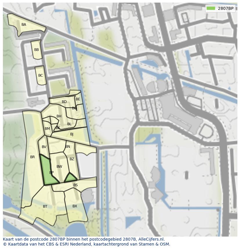 Afbeelding van het postcodegebied 2807 BP op de kaart.