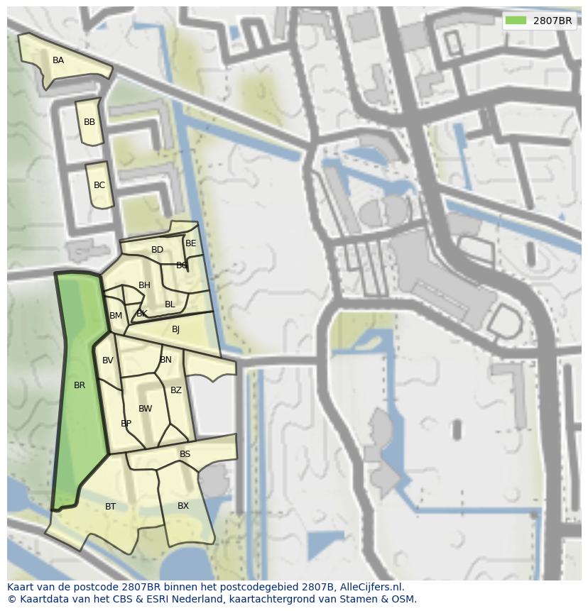 Afbeelding van het postcodegebied 2807 BR op de kaart.