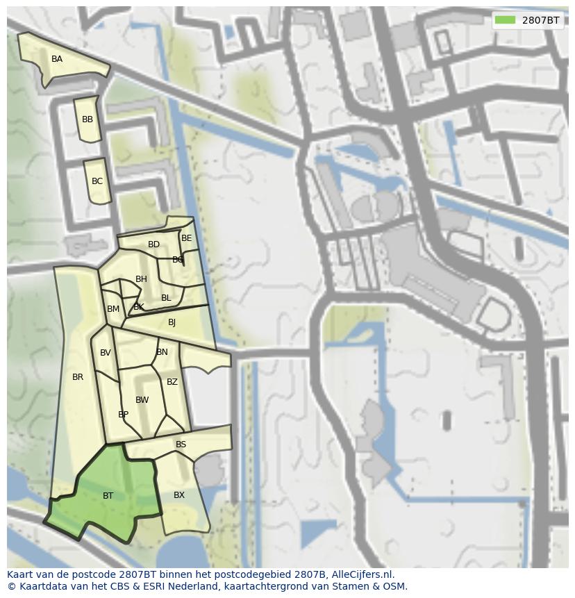 Afbeelding van het postcodegebied 2807 BT op de kaart.