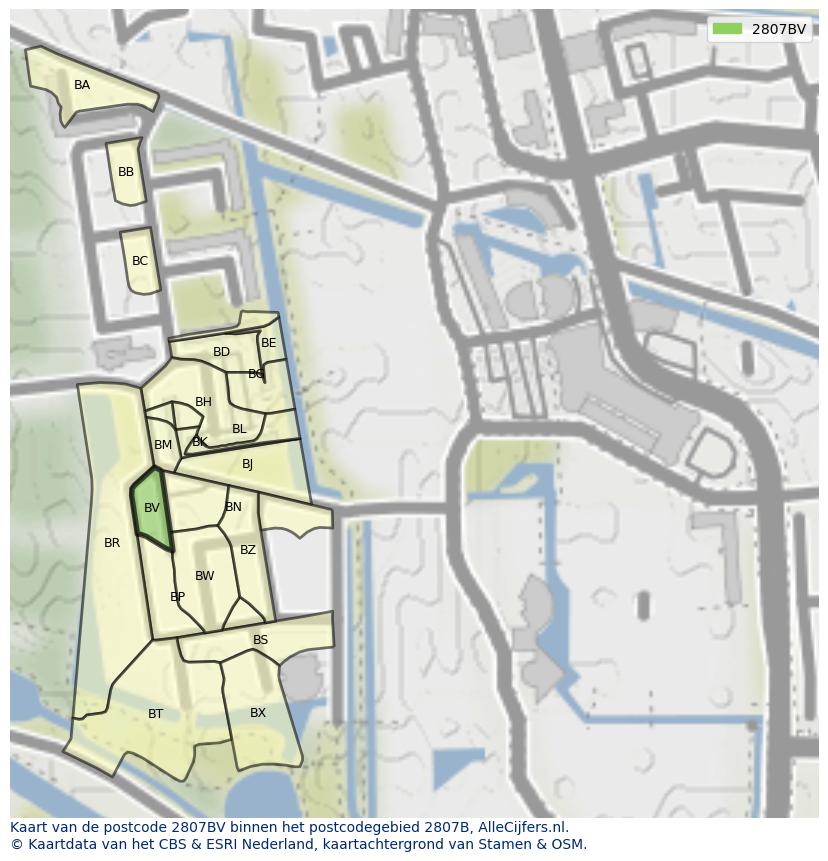 Afbeelding van het postcodegebied 2807 BV op de kaart.