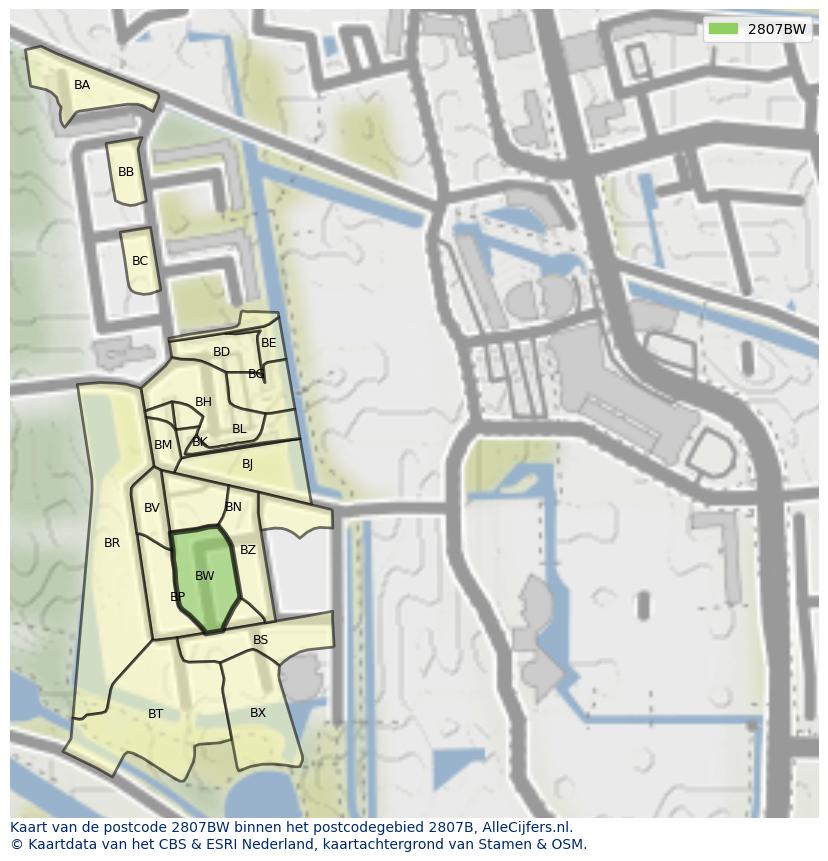 Afbeelding van het postcodegebied 2807 BW op de kaart.