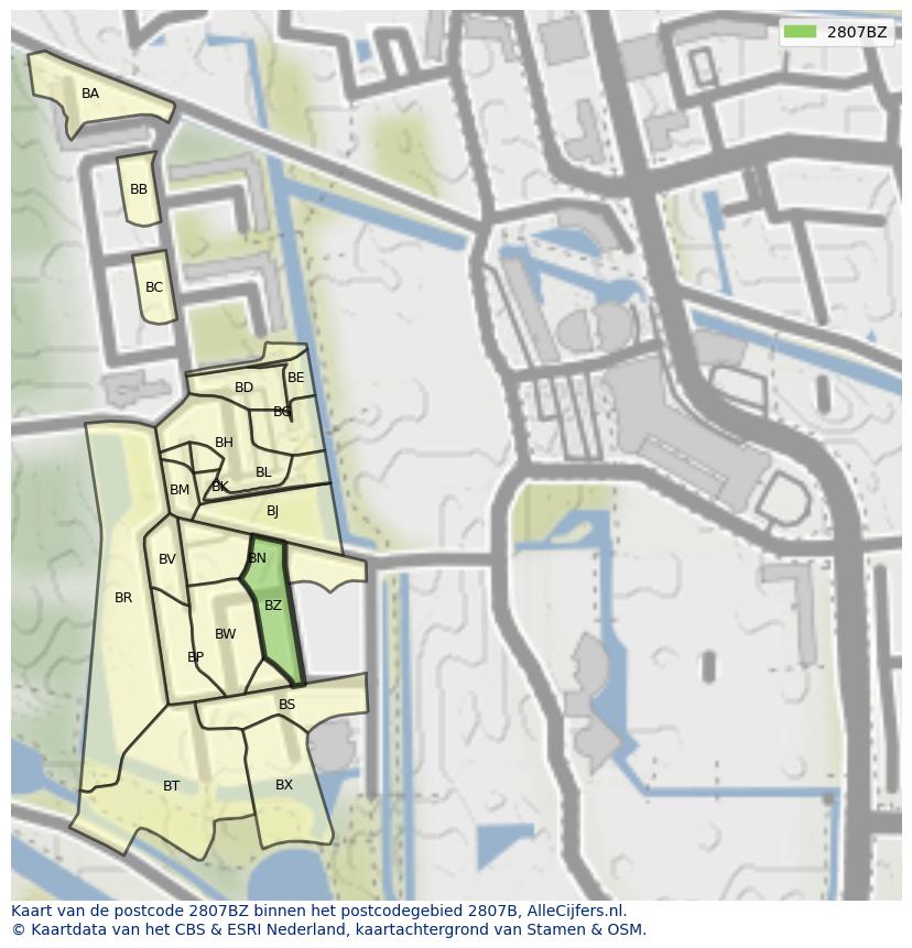 Afbeelding van het postcodegebied 2807 BZ op de kaart.