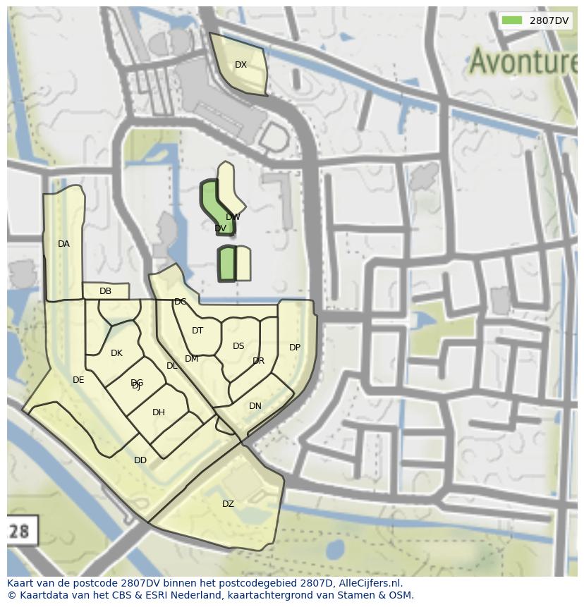 Afbeelding van het postcodegebied 2807 DV op de kaart.