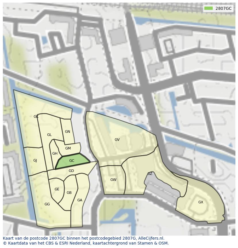 Afbeelding van het postcodegebied 2807 GC op de kaart.